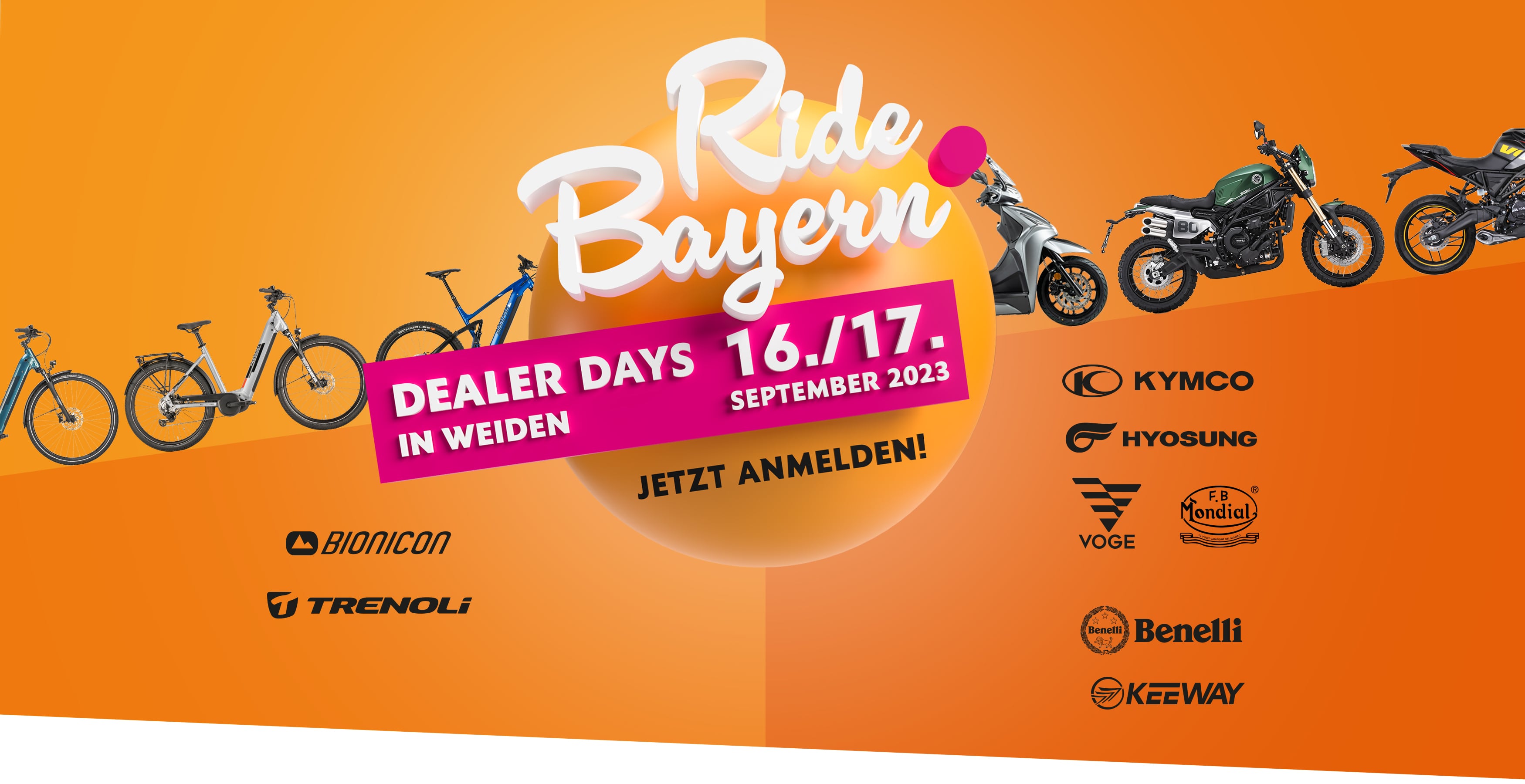 Seitenbanner für die Hausmesse in Weiden am 16./17. September. Es werden zwei Fahrräder der Marken Bionicon und Trenoli dargestellt.